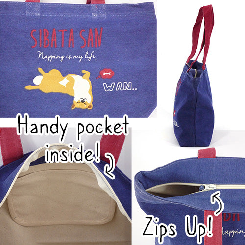 Cute Shiba Shoulder Tote Bag - Navy Blue  26cm x 42cm!